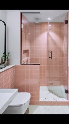 a bathroom with pink tiles and a white toilet next to a walk - in shower