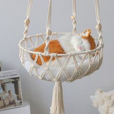 an orange and white cat sleeping in a hammock hanging from a ceiling fixture