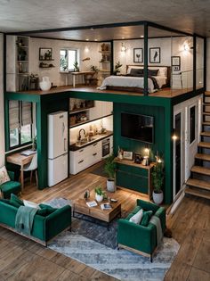 a living room filled with furniture next to a kitchen and dining area in a loft