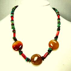 "Vintage Turquoise Stone Nugget Necklace w Carnelian Agate Center Focal Discs, Red Jasper Beads & Real Branch Coral Tube Beads, 1980s a Classic Tribal Style OOAK by me, Rachelle Starr turquoise nuggets are recycled Ecochic from late 1960s New Mexico Polished Chunky COLOR turquoise beads were from a purchase in New Mexico, back in the 1960s One day these gorgeous color turquoise stone beads called out to me and Voila!! This simple necklace, where they were married with round agates, red jaspe Vintage Red Beaded Necklace With Natural Stones, Red Beaded Agate Gems And Cabochons, Red Agate Beads, Gems And Cabochons, Red Agate Beaded Gems And Cabochons, Vintage Turquoise Necklace With Round Gemstone Beads, Vintage Red Necklaces With Natural Stones, Red Vintage Necklaces With Natural Stones, Red Vintage Necklace With Natural Stones, Multicolor Carnelian Jewelry With Large Beads