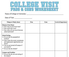 the college visit worksheet is shown in blue and white, with an image of a