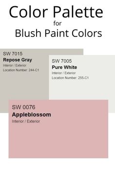 the color palette for blush paint colors is shown in three different shades, including pink and gray