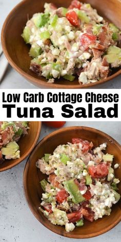 low carb cottage cheese tuna salad in wooden bowls