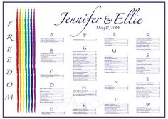 a rainbow colored wedding seating chart with the names and date on it, in white paper