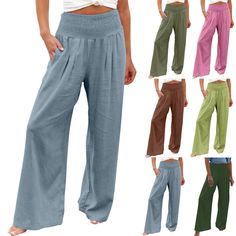 High Waisted Pants For Women Stretchy Wide Leg Palazzo Pants Casual Comfy Beach Pants Trousers Features: 【Material】: Crafted from soft and skin-friendly linen fabric, our wide leg pants for women are lightweight and breathable, ensuring a pleasant wearing experience throughout the day. 【Design】: Featuring a high waist design with drawstring details at the waist and bottom, these wide leg pants exude chicness and uniqueness. The solid color style adds a casual and simple touch to this versatile wardrobe staple, perfect for women who prioritize comfort and freedom in their attire. 【Match】: Versatile in style, these high waist wide leg pants pair effortlessly with tank tops, crop tops, shirts, and blouses for casual and chic looks. A must-have addition to any woman's wardrobe for its adaptabi Casual Pants Women, Work Vacation, Cargo Pants Style, Loose Wide Leg Pants, High Waist Wide Leg Pants, Wide Leg Palazzo Pants, Casual Wide Leg Pants, Versatile Wardrobe, Beach Pants