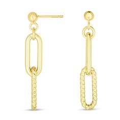 Each piece in the Italian Cable Collection features twisted cable elements inspired by the iconic twists found in everyday Italian life. These double link paperclip earrings are made of 14K gold and features both a polished texture and the twisted texture found in our Italian Cable collection. Made in Italy. Category: EarringsMetal: 14K Yellow GoldClosure: Push BackCollection: Italian Cable Paperclip Earrings, Royal Chain, Everyday Italian, Italian Life, Italian Jewelry, Gold Polish, Drop Earring, Chain Earrings, Paper Clip