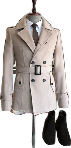 Fitted Beige Double-breasted Pea Coat, Fitted Beige Wool Coat For Business, Fitted Outerwear With Lapel Collar And Double-breasted Buttons, Fitted Double-breasted Outerwear With Lapel Collar, Beige Fitted Pea Coat With Lapel Collar, Fitted Beige Pea Coat With Lapel Collar, Winter Fitted Belted Blazer, Fitted Belted Winter Blazer, Fitted Belted Blazer For Winter