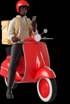 a man sitting on top of a red motor scooter holding a cell phone