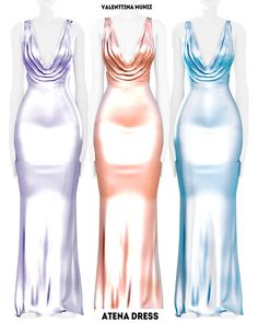 three dresses are shown in different colors