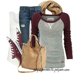 I like this, just not the purse or the ripped up jeans Outfit Trends, Looks Style, Fall Winter Outfits, Outfits Casuales, Baseball Tee, Look Fashion, Autumn Winter Fashion, Casual Style, Style Me