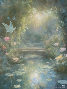 a painting of a bridge over a pond with water lillies and butterflies flying around