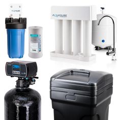 there are many different types of water filtrators in this photo, including one for drinking and the other for cleaning