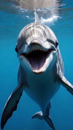 a dolphin with its mouth open and it's teeth wide open in the water