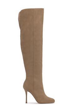 Faux suede brings rich texture to this almond-toe boot crafted in an over-the-knee silhouette that is further elevated on a lofty stiletto. 3 3/4" heel 21 3/4" shaft; 14 1/4" regular calf circumference 21 3/4" shaft; 16" wide calf circumference Inset side-zip closure Textile upper/synthetic lining and sole Imported Chic Beige Suede Knee-high Boots, Tall Suede Boots With Pointed Toe, Tall Suede High Heeled Boots, Elegant Thigh High Suede Boots, Beige Fitted Suede Knee-high Boots, Chic Over The Knee Suede Boots, Suede Heeled Boots With Pointed Toe, Chic Tall Suede Heeled Boots, Chic Thigh High Suede Boots