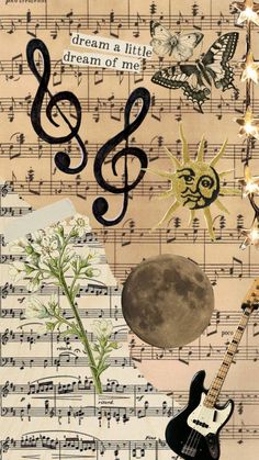 a collage with musical notes, guitar, and flowers on it's side