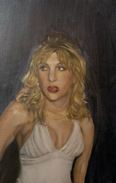 a painting of a woman with blonde hair wearing a white dress and gold necklace, sitting in front of a black background