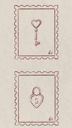 two stamps with hearts and a key on them