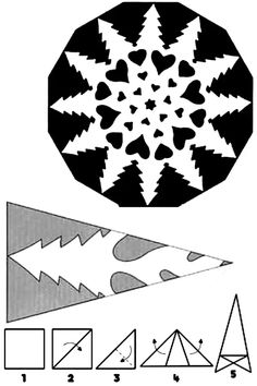 an origami snowflake is shown in black and white, with four different shapes