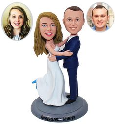 a custom bobble head bride and groom holding each other