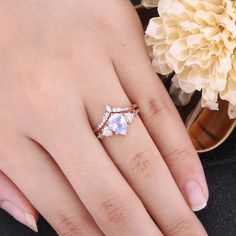 Unique Moonstone Engagement Ring Set Art Deco Moissanite - Etsy Wedding Heart Cut Ring With Rose Cut Diamonds, Wedding Crystal Ring With Heart Cut Cubic Zirconia, Wedding Heart Cut Crystal Ring In Cubic Zirconia, Wedding Crystal Heart Cut Cubic Zirconia Ring, Cubic Zirconia Heart Cut Wedding Ring, Heart Cut Cubic Zirconia Crystal Ring For Wedding, Heart Cut Rose Diamonds Wedding Jewelry, Heart Cut Halo Setting Jewelry For Wedding, Pear-shaped Moonstone Wedding Ring