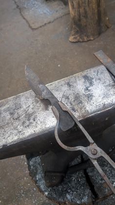 an old pair of scissors sitting on top of a piece of metal next to a tree stump