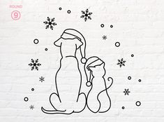 a black and white drawing of a cat sitting next to a dog wearing a santa hat