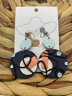 Navy blue, pink, blue, white and black abstract earrings. Lightweight, hypoallergenic. Made from polymer clay. Dremel Drill, Teal Accents, Abstract Earrings, Rainbow Earrings, Blue White And Black, Black Abstract, Beautiful Earrings, Mars, Pink Blue