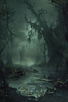 a swampy area with trees and water in the foreground, at night time