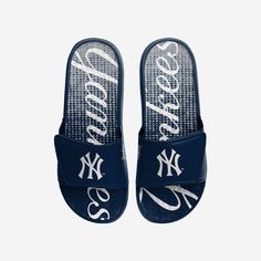 *SEP* *SEP* Be sure to thank your feet for all that walking they help you do by keeping them comfy in these New York Yankees Gradient Wordmark Gel Slides! Features Gradient, team-colored design with bold wordmark logo display on footbed so you can fan on with every step Team logo display on straps, in case there were any doubts where your allegiances lie Gel overlay on footbed to keep your feet feeling as good as they look Two-piece reinforced padded adjustable strap to keep you secure Textured Comfortable Sports Slides With Round Toe, Breathable Round Toe Slides For Sports, Comfortable Sports Slides, Synthetic Sneakers With Letter Print For Sports, Sporty Foam Slides With Round Toe, Sporty Slides For Sports, Casual Foam Slides For Sports, Comfortable Slides With Cushioned Footbed For Streetwear, Casual Sports Slides With Round Toe