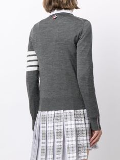 Thom Browne 4-Bar Merino Jumper - Farfetch Classic Crew Neck Sweater With Striped Cuffs, Classic Long Sleeve Sweater With Contrast Stripes, Classic Striped Sweater With Ribbed Cuffs, Spring Capsule, Thom Browne, Grey And White, Fashion Branding, Jumper, Crew Neck