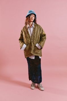 Nylon Quilted Kimono Coat - riverside tool & dye Oversized Khaki Outerwear With Patch Pockets, Spring Daywear Outerwear With Patch Pockets, Long Sleeve Outerwear With Patch Pockets, Fall Daywear Outerwear With Patch Pockets, Fall Outerwear With Patch Pockets For Daywear, Relaxed Fit Outerwear With Patch Pockets For Layering, Oversized Outerwear With Pockets For Daywear, Green Oversized Outerwear With Patch Pockets, Oversized Green Outerwear With Patch Pockets