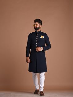 Designer Blue Kurta For Semi-formal Occasions, Blue Traditional Wear With Zari Work For Semi-formal Events, Semi-formal Blue Traditional Wear With Zari Work, Blue Semi-formal Traditional Wear With Zari Work, Traditional Blue Sets For Semi-formal Occasions, Semi-formal Traditional Blue Wear, Blue Long Sleeve Traditional Wear For Groom, Semi-formal Blue Traditional Wear, Blue Semi-formal Traditional Wear