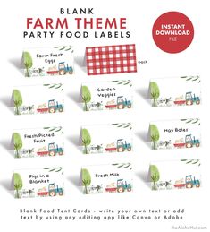 farm theme party food labels are shown