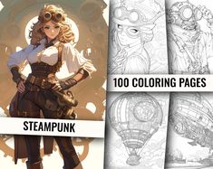 an image of steampunk coloring pages with the title in english and spanish on it