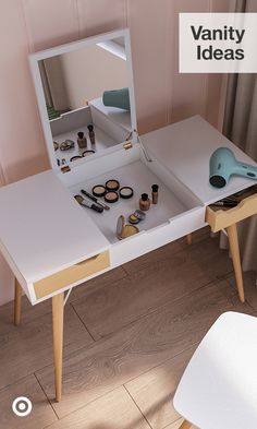 a vanity table with an open drawer on it