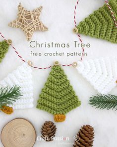 crocheted christmas tree ornaments with pine cones and needles on white furnishing