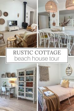 this is a collage of photos with the words rustic cottage beach house tour