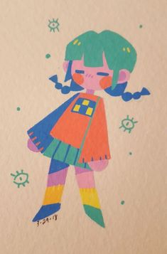 A Drawing, Orange, Green, Hair, Blue, White, Art