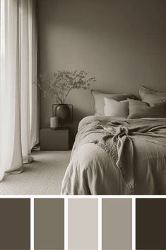 a bedroom with neutrals and white colors in the walls, bedding and curtains