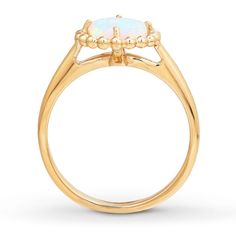 A lab-created opal is the focal point of this stylish 10K yellow gold ring for her. A beaded design halos the center. Opal Ring, Yellow Gold Ring, Rings For Her, Opal Rings, Yellow Gold Rings, Gold Ring, Focal Point, Halo, Gold Rings