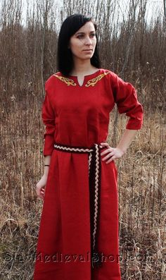 "This early medieval linen dress is universal for the Vikings and Slavs or any others reenactors. Based on medieval iconography and archaeological finds from Europe. This special dress is decorated with handmade embroidery, made of natural silk thread. The dress has 2 wedges on both sides, has tapered sleeves. It's loose and comfortable. Do you want bright colors or dark ones? We will help you to fulfill any of your wishes. The dress comes with a thrill, historical spirit, and a new universal it Traditional Embroidered Linen Dress, Traditional Long Sleeve Dresses For Medieval Festivals, Traditional Long Sleeve Dresses For Larp, Medieval Red Dress, Slavic Dress, Medieval Steampunk, Celtic Women, Viking Tunic, Clothing Iron