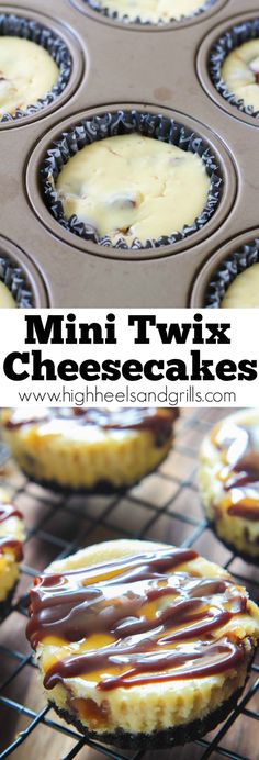 mini twix cheesecakes with chocolate drizzled on top are ready to be baked