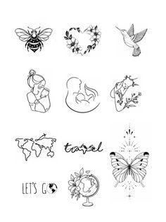 the different tattoos are drawn on paper and have flowers, butterflies, and other things