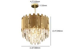 an image of a chandelier with measurements for the size and width in front of it