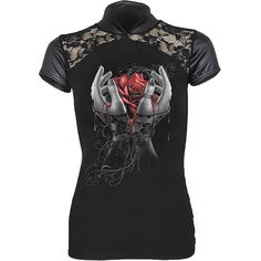 The Hands of Sorrow women's shirt Closet Clothes, Faux Leather Top, Black Lace Blouse