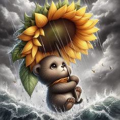 a painting of a teddy bear holding an umbrella in the rain with a sunflower on its head