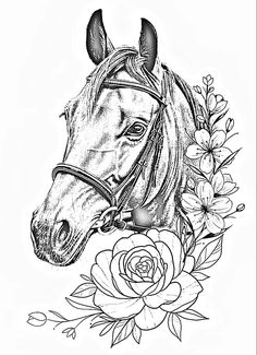 a drawing of a horse with flowers around it