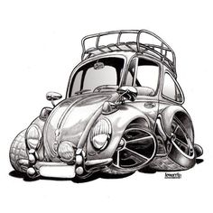 a drawing of a vw bug car with the hood up and front grill open