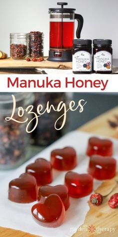 the ingredients for manuka honey are displayed on a cutting board and in jars with spoons