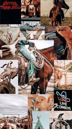 a collage of photos with horses, cowboys and other things in them that are all over the place